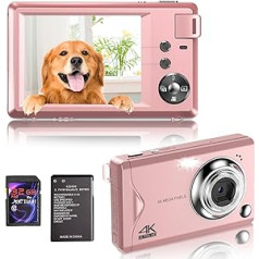 Digitālā kamera, 4K HD 1080P 48MP fotokamera kompakta kamera, mini digitālā kamera ar 32 GB SD karti FHD fotokamera, digitālā kamera ar LCD ekrānu, 16x digitālā tālummaiņa iesācējiem (rozā digitālā