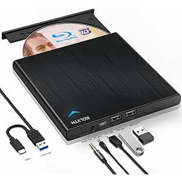 NOLYTH išorinis „Blu-ray“ diskas, USB 3.0 / USB C „Blu-ray“ disko įrašymo įrenginys, nešiojamasis išorinis „Bluray“ diskas, skirtas asmeniniam nešiojamajam kompiuteriui „Windows 11/10“ „Mac“