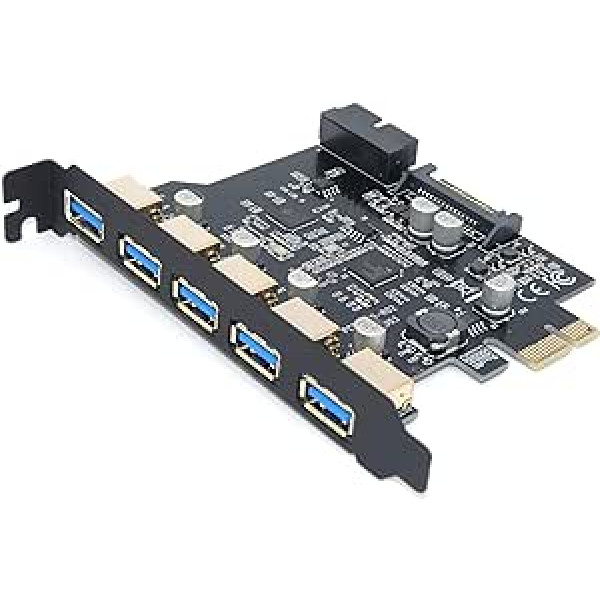 Datoru rajons — PCI Express karte (PCI-E vai PCIe) 7 USB 3.0 pieslēgvietas: 5 ārējie USB 3.0 porti + 19 kontakti 2 iekšējiem USB 3.0 portiem — SATA barošanas avots — mikroshēmojums NEC 720201