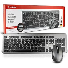 freeVoice bezvadu tastatūras peles komplekts [plakani taustiņi, kluss] 100% QWERTZ bezvadu tastatūras vācu izkārtojums, ieskaitot bezvadu peli bez klikšķa trokšņa (mājas) birojam