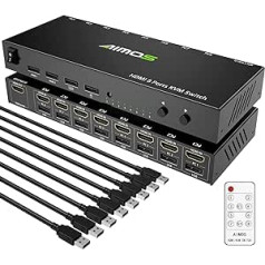 AIMOS HDMI KVM jungiklis, 8 viename išvesties jungiklis Dalintis monitoriumi, pelė, klaviatūra HDMI perjungiklis 4K @ 30 Hz, skirtas nešiojamam kompiuteriui, asmeniniam kompiuteriui, PS4, Xbox, spartusis klavišas nepalaikomas, galima prijungti prie H