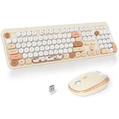 SOLIDEE bezvadu tastatūras un peles kombinācija, retro rakstāmmašīnas tastatūra, 2,4 GHz krāsaina, apaļa tastatūra ar ciparu tastatūru, 104 taustiņu ergonomiskā tastatūra (bear bēša)