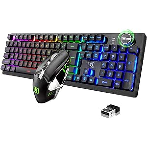 FELiCON bezvadu tastatūras un peles kombinētie komplekti 4800 mAh 16 veidu uzlādējamas RGB LED spēļu tastatūras ar pogu vadību un ergonomisku 7 krāsu LED fona apgaismojumu