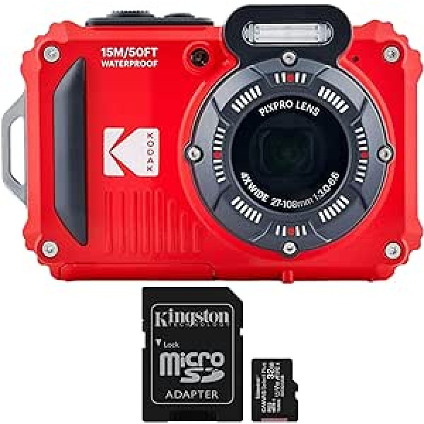 Kodak Pixpro WPZ2 izturīga ūdensizturīga 16 MP digitālā kamera ar 4 x optisko tālummaiņu (sarkanā krāsā) un 32 GB microSDHC karti ar adaptera komplektu (2 komplektā)