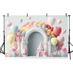 MEHOFOND 7x5ft Balloons Fairy Tale Castle Girl Birthday Photography Background Pink Flower Princess Candy Castle Family Party Background Decor Photo Studio Gift Accessories