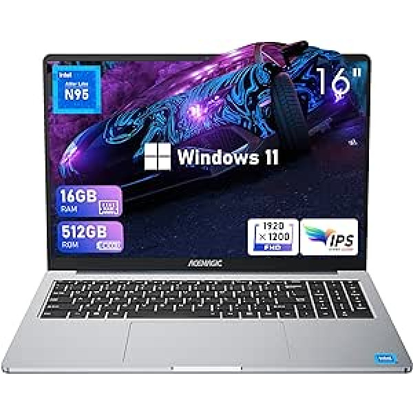 ACEMAGIC klēpjdators 16 collu Full HD, Intel N95 piezīmjdators 16 GB DDR4 RAM 512 GB SSD, Windows 11 2.4G/5G WiFi, BT5.0, tips_C, USB3.2, HDMI, tīmekļa kameras dators