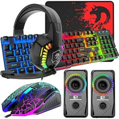 Apvienotās Karalistes izkārtojums Vadu 104 taustiņu spēļu tastatūras peles austiņu skaļrunis 5 in 1 Combo Multi RGB fona apgaismojums, regulējams 2400DPI pele Lielisks peles paliktnis, ūdensizturīgs