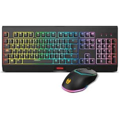 KROM Kabala bezvadu membrānas tastatūras komplekts RGB varavīksnes aizmugurgaismojums, 6 pogu pret spoku veidošanās, bezvadu optiskā pele, 6 līmeņu DPI 800-4800 On-The-Fly, saderīgs ar datoru, spāņu izkārtojums, melns