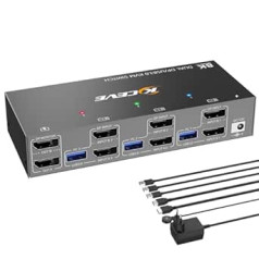 8K DisplayPort KVM slēdzis 3 datori 2 monitori 8K @ 30Hz, 4K @ 144Hz, divu monitoru KVM slēdzis ar DisplayPort 1.4 un 4 USB 3.0 pieslēgvietām 2 datoriem/klēpjdatoriem, ar DP + USB kabeli un galddatora kontrolieri