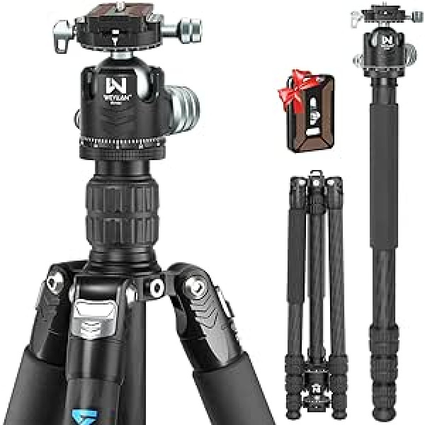 WEYLLAN Tripod Carbon Fibre 185 cm, Compact Large Tripod, Travel Tripod, Monopod Function, Professional Tripod High Tripod Camera Tripod DSLR with 44 mm Ball Head, 32.5 mm Leg, 25 kg Load Capacity