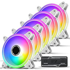 EZDIY-FAB Moonlight 120 mm RGB PWM Case Fan with RGB PWM Fan Hub, Synchronisation Motherboard 5 V, ARGB Computer Fan, Multi-Light Mode, White, Pack of 5