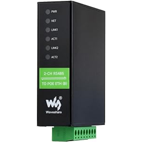 Waveshare 2-Ch RS485 į POE Ethernet nuoseklųjį serverį, 2 kanalų RS485 nepriklausomas veikimas, 2X POE Ethernet prievadas, ant bėgio montuojamas pramoninis izoliuotas nuoseklusis modulis, dvikryptis skaidrus perdavimas