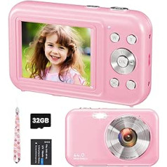 Digitālās kameras fotokamera, FHD 1080P 44MP bērnu kompakta kamera ar 32 GB karti, uzlādējama digitālā kamera ar 16x digitālo tālummaiņu, 2,4 collu LCD kamera bērniem, meitenēm, zēniem, iesācējiem (rozā)