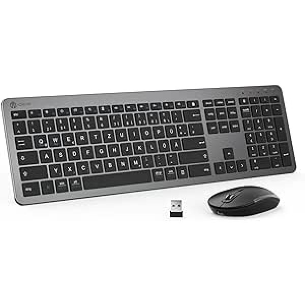 iClever GK08 bezvadu tastatūra un pele — 2,4 G ultraplāns uzlādējams bezvadu tastatūras peles komplekts personālajam datoram, galddatoram, piezīmjdatoram, klēpjdatoram, operētājsistēmai Windows Mac OS, QWERTZ izkārtojums, melns un pelēks