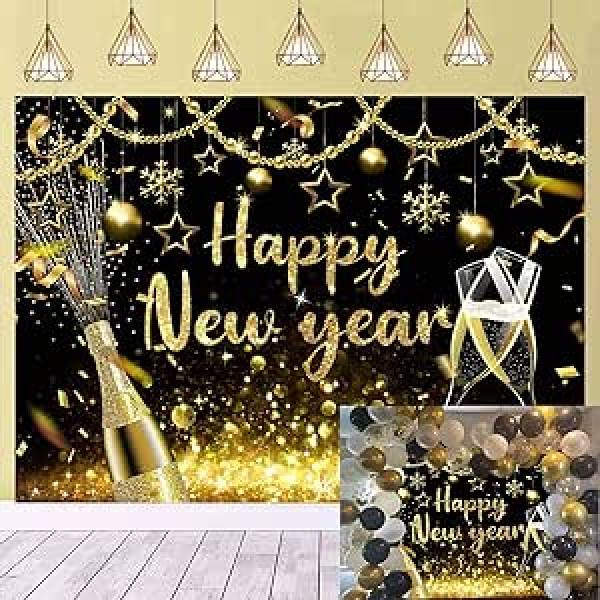 2023 Happy New Year Backdrop Black Gold Glitter New Years Background for 2023 New Years Eve Party Decoration Supplies 7 x 5 ft