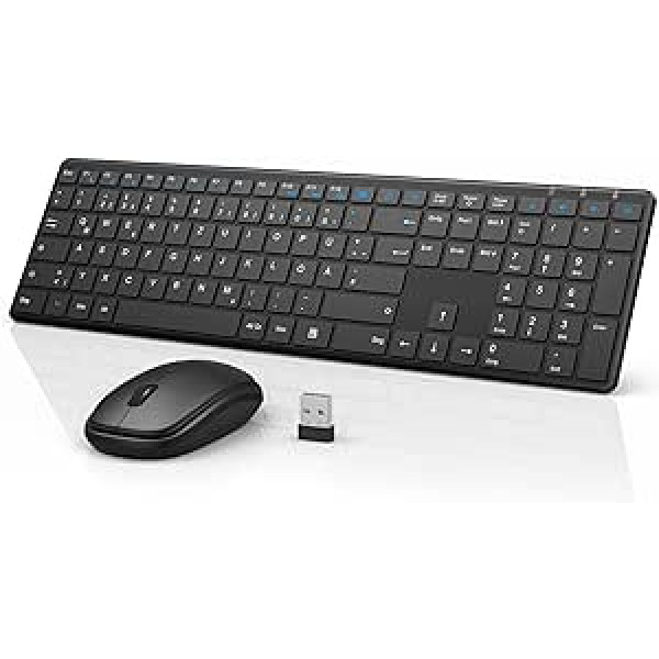 Bezvadu tastatūras peles komplekts, QCen 2,4 GHz īpaši plāna bezvadu tastatūra un pele, ergonomiska standarta izmēra bezvadu tastatūra ar 19 īpašiem taustiņiem un ciparu tastatūru, personālajam datoram, klēpjdatoram, vācu izkārtojums