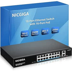 16 portu PoE slēdzis @ 250 W ar 2 gigabitu augšupsaites portu, NICGIGA 18 portu Ethernet PoE slēdzis, VLAN režīms, paplašināms līdz 250 m, izturīgs metāla korpuss, 19 collu stacionāra montāža, Plug and Play, nepārvaldīts