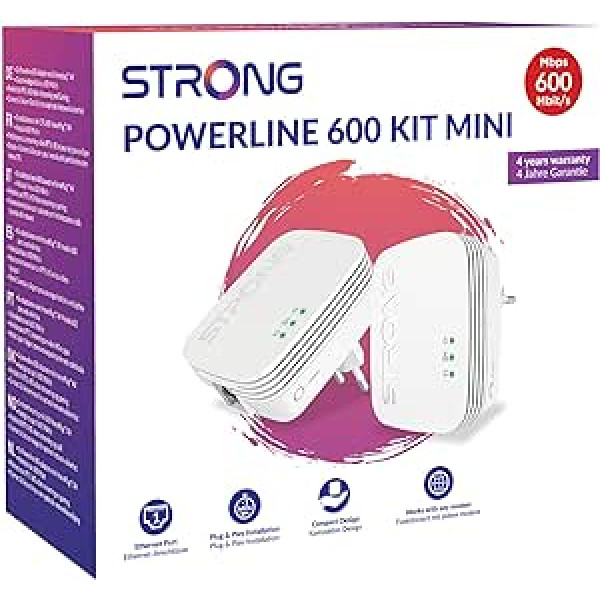 STRONG Powerline 600 Kit Mini su 600 Mbit/s, 300 m diapazonas, 1x LAN jungtis PowerLAN adapteris, 2 įrenginiai geriausiam priėmimui visame name