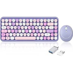 Perixx PERIDUO-713PP bezvadu mini tastatūras un peles kombinācija — Retro apaļi taustiņu vāciņi — pasteļpurpursarkani ceriņi — vācu QWERTZ izkārtojums