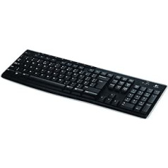 Logitech K270 bezvadu tastatūra, 2,4 GHz savienojums, izmantojot USB Unifying uztvērēju, 8 multivides un Schortcut taustiņi Nešļakata, 2 gadu akumulatora darbības laiks, Lielbritānijas QWERTY izkārtojums — melns