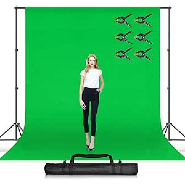 EMART Green Screen Background with Stand, 2 m x 3 m Photo Background Stand with 2.6 m x 3 m Muslin Green Screen Background for Portrait, Video, Shooting, Photo, Studio