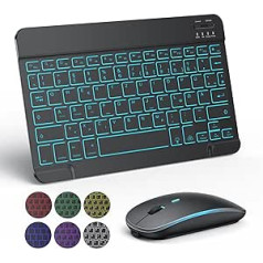 TECURS bezvadu tastatūras peles komplekts QWERTZ vācu izkārtojums Klusa Bluetooth tastatūra ar peli operētājsistēmai Windows/Android/iOS, 7 krāsu fona apgaismojums, uzlādējams, melns