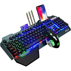 Bezvadu mehāniskās sajūtas spēļu tastatūra Rainbow aizmugurgaismota uzlādējama 3800 mAh akumulators ar noņemamu plaukstu balstu + 7 krāsu LED spēļu pele datora rakstniekam/spēlētājam