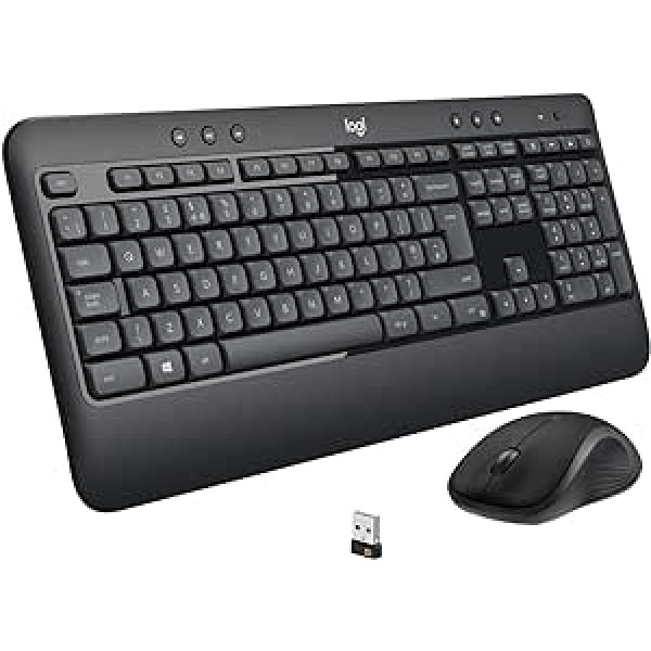 Logitech Advanced Combo bezvadu tastatūras peles komplekts, 2,4 GHz savienojums, izmantojot vienoto USB uztvērēju, multivides taustiņi, 3 gadu akumulatora darbības laiks, dators/klēpjdators, vācu QWERTZ izkārtojums — melns