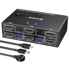 USB 3.0 HDMI KVM Switch 2 PC 2 Monitors 4K @ 60Hz 2K @ 144Hz, Simulation EDID, MLEEDA 2 PC 2 Monitor Switch with 4 USB 3.0 Ports for Keyboard Mouse, Cable Remote Control and Cable Included