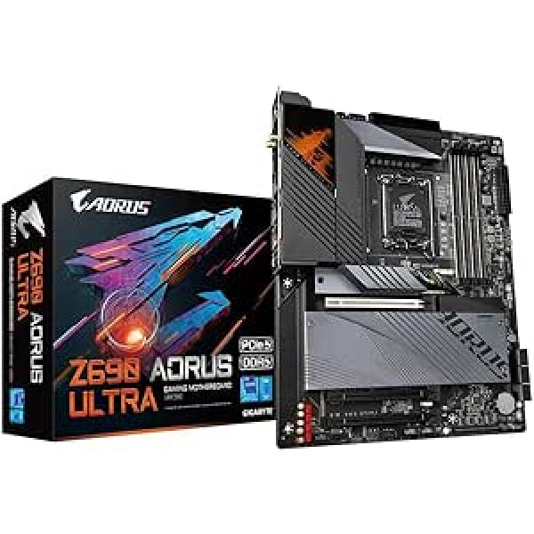 Gigabyte Z690 AORUS ULTRA ATX mātesplate — atbalsta 12. paaudzes Intel kodolu procesorus (LGA 1700), 16+1+2 digitālo VRM, DDR5-6200(OC) atmiņu, pilnībā pārklātu termisko dizainu, 4 x PCIe 4.0 M.2 un WIFI6ax 8