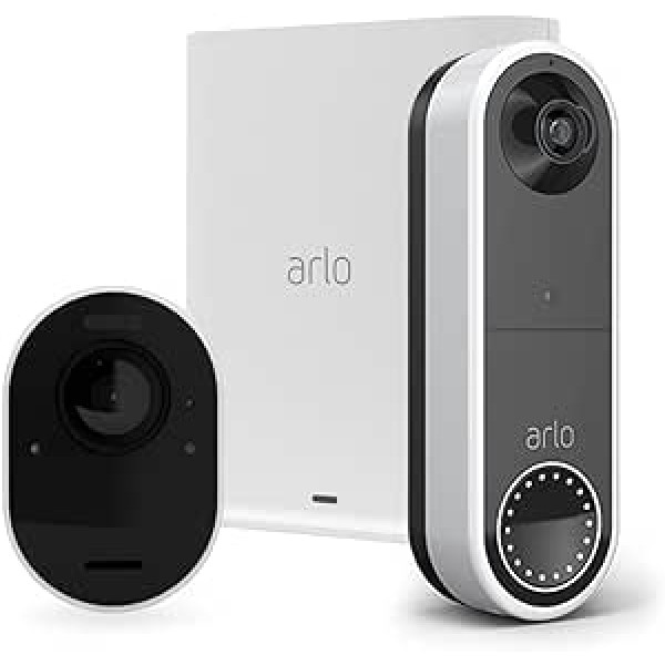 Arlo Ultra viedās mājas novērošanas kameru komplekts no 1 un bezvadu video durvju zvana komplekts — balts