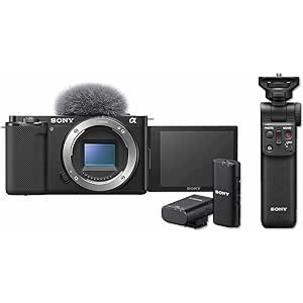 Sony Alpha ZV-E10 | Vloga kamera ar maināmu objektīvu (grozāmais ekrāns, 4K video, reāllaika acu automātiskais fokuss) + GP-VPT2BT rokturis + ECM-W2BT mikrofons