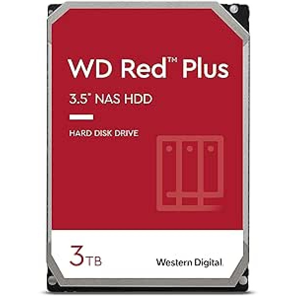 WD Red Plus iekšējais cietais disks NAS 3 TB (3,5 collas, datu pārsūtīšana līdz 175 MB/s, darba slodze 180 TB/gadā, 5400 apgr./min., 128 MB kešatmiņa, 8 nodalījumi) Sarkans