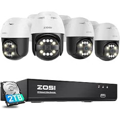 ZOSI 4K PoE āra novērošanas kameru komplekts, 4 x 355°/140° grozāma 8MP IP kameras novērošanas sistēma ar 8CH 2TB HDD NVR, personas/transportlīdzekļa noteikšana, automašīnas izsekošana, krāsains nakts redzamība, divvirzienu audio