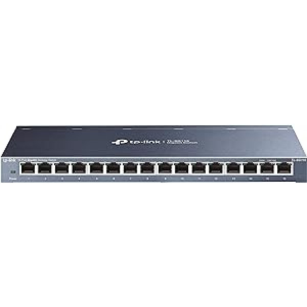 TP-Link TL-SG116 16 prievadų gigabito tinklo jungiklis (32 Gbit / s perjungimo talpa, ekranuoti RJ-45 prievadai, metalinis korpusas, IgMP šnipinėjimas, nevaldomas, prijungiamas ir paleidžiamas, be ventiliatoriaus) Mėlynas metalinis