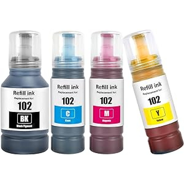 4 spalvų daugiapakopiai 102 rašalo buteliai, suderinami su Epson 102 Ink ET-2700 ET-2750 ET-2751 ET-2756 ET-2850 ET-2851 ET-2856 ET-3700 ET-3750 ET-3850 ET-3850 ET-T8 -3850 ET-T-3850 4750 ET-4850