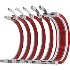 AsiaHorse 16AWG įvorių kabelių rinkinys, skirtas asmeniniam kompiuteriui/GPU/CPU, PSU kabelio ilgintuvas, kompiuterio maitinimo šaltinio prailginimo kabelis su kabelių šukomis, 24 PIN/(6+2) PIN/(4+4) PIN kabelio valdymas, 30 cm, raudona + pilka + Ba