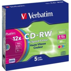 Verbatim Matricas CD-RW SERL 700 MB 8x-12X Colour, 5 Pack Slim