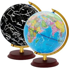 EXERZ 20 cm apgaismots globuss, koka pamatne - angļu valodas karte - studentu globuss - politiskā karte (diennakts laiks) - zvaigznes zvaigznes (nakts) - 2 vienā gaismas diožu lampa - jautri un izglītojoši