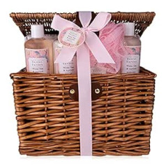 accentra Secret Garden Gift Set in Wicker Picnic Basket, Bath and Shower Set with White Tea & Apricot Fragrance, 6-Piece Gift Set in Beautiful Wicker Basket