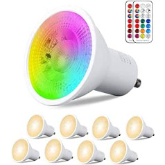 REYLAX GU10 RGB LED krāsu maiņas spuldzes, 5 W silti balta 3000 K aptumšojama spuldze, 50 W halogēnās spuldzes, līdzvērtīgas, krāsainas RGB LED prožektora spuldzes ar tālvadības pulti (8 pakojumā)