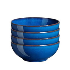 Denby Imperial Blue graudaugu bļodas, komplekts pa 4, mazgājams trauku mazgājamajā mašīnā, glabājams mikroviļņu krāsnī, 820 ml, 17 cm, karaliski zilas keramikas keramikas trauki, šķeldām un plaisām izturīgi kupejas zupas trauki