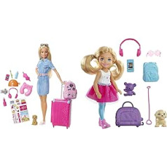 Barbie FWV25 — кукла для путешествий со светлыми волосами, вкл. Аксессуары для путешествий и Puppy & FWV20 — кукла Челси для путешествий с щенком и аксессуарами от Barbie Dreamhouse Adventures, игрушки для кукол для детей от 3 лет