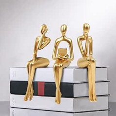 3 Pieces Gold Thinker Statues Resin Sculpture Accents, Modern Abstract Style Ornaments, Bookcase, Collector's Figures, Shelf Decorations for Living Room, Office Table, Dining Table, Gold