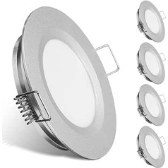 LED padziļināts prožektors, 12 V LED prožektors, IP44, 3 W, 215 lm, griestu gaisma, caurums 58–65 mm, paredzēts dzīvojamai mājai, laivai, treileram, pilns alumīnijs, 4 komplekts, silti balts, 3000 K (sudrabs)