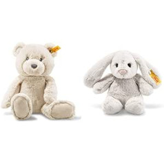 Steiff Bearzy Teddy Bear - 28 cm - Mīļa rotaļlieta zīdaiņiem - Mīkstie mīļie draugi - Mīksts un mazgājams - Bēšs un Hopie Trusis - 18 cm - Plīša trusis ar lācīgām ausīm - Mīsta rotaļlieta bērniem - Gaiši pelēka