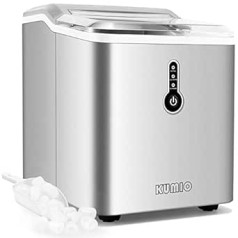 KUMIO mažas ledo kubelių aparatas, 12 kg/24 val., 9 stori ledo kubeliai paruošti per 6–9 minutes, ledo kubelių gaminimo aparatas su ledų kaušeliu ir krepšiu, 1,5 l vandens bakas, kompaktiškas dizainas namams, virtuvei, biurui, vakarėliui,