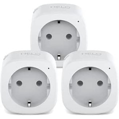 3 WLAN lizdų rinkinys su elektros skaitiklio funkcija, stiprus Helo Plug Triple (Alexa, Google, maitinimo kištukas, jungiklis, WiFi, išmaniojo telefono valdymas), baltas, Helo-Plug-Triple-EU, 3 vnt.