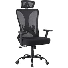 Ergonomisks biroja krēsls TITANO - rakstāmgalda krēsls ar regulējamu augstumu, jostasvietas atbalstu, galvas balstu un roku balstiem. Grozāmais krēsls ar šūpošanas funkciju, 12 cm atmiņas putas, 150 kg kravnesība (melns)