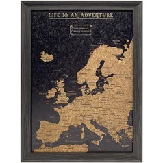 Splosh ceļojumu karte — mazās Eiropas kartes piespraudes dēlis melnā krāsā, koka rāmī. Eiropas karte ar 100 spraudēm 2 krāsās, lai atzīmētu jūsu pagātnes un nākotnes piedzīvojumus, Eiropas karte ceļojumu plānošanai, ceļojumu dāva
